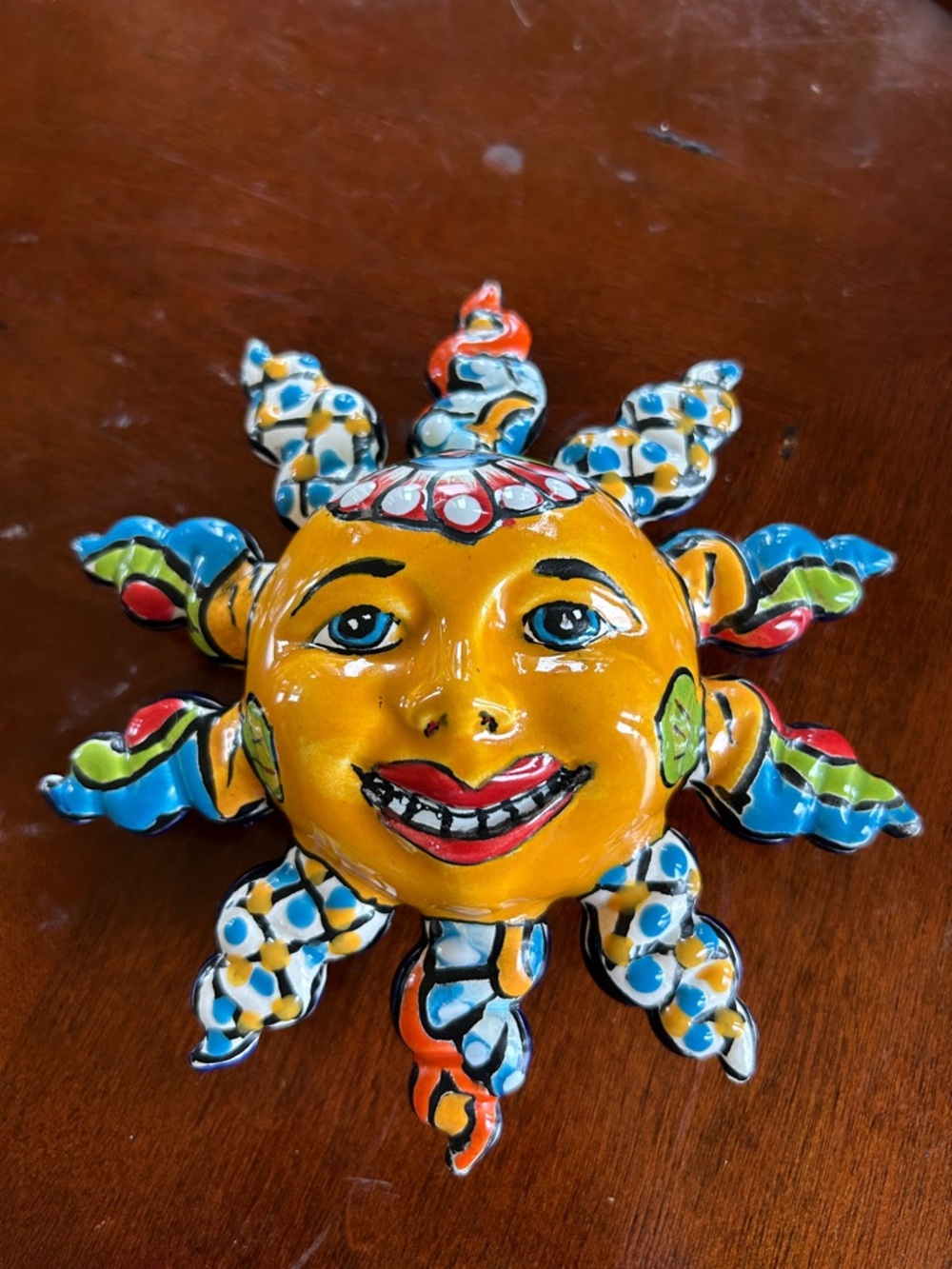 Talavera Hand-Painted Ceramic Sun Face Wall Accent in Yellow and Blue unique